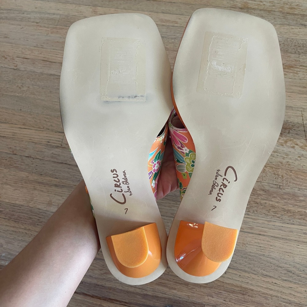 Circus by Sam Edelman Floral Thong Sandals Orange Square Toe Spool Heel Size 7 - Picture 5 of 6